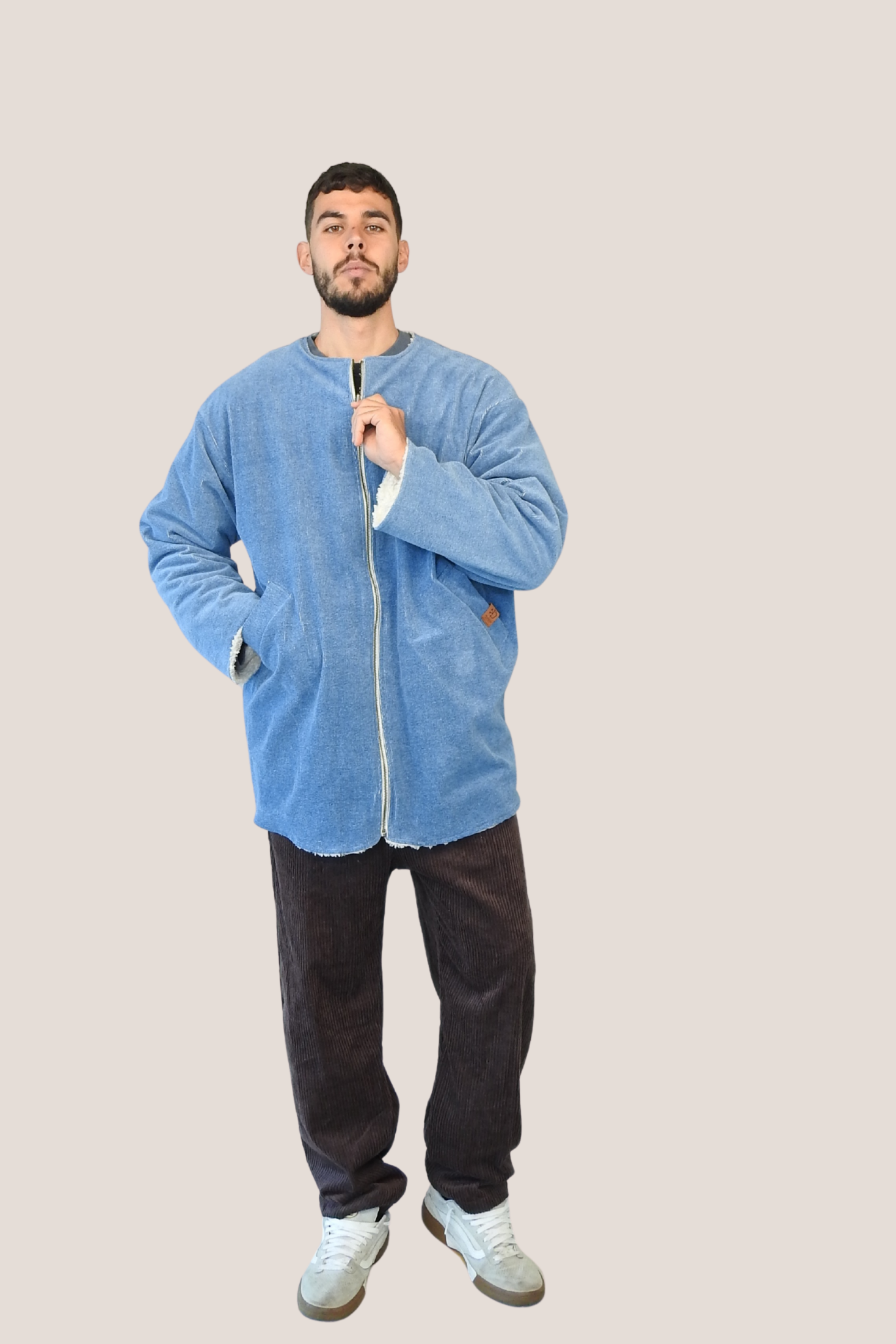 Chaquetón reversible borreguito beige - tejano