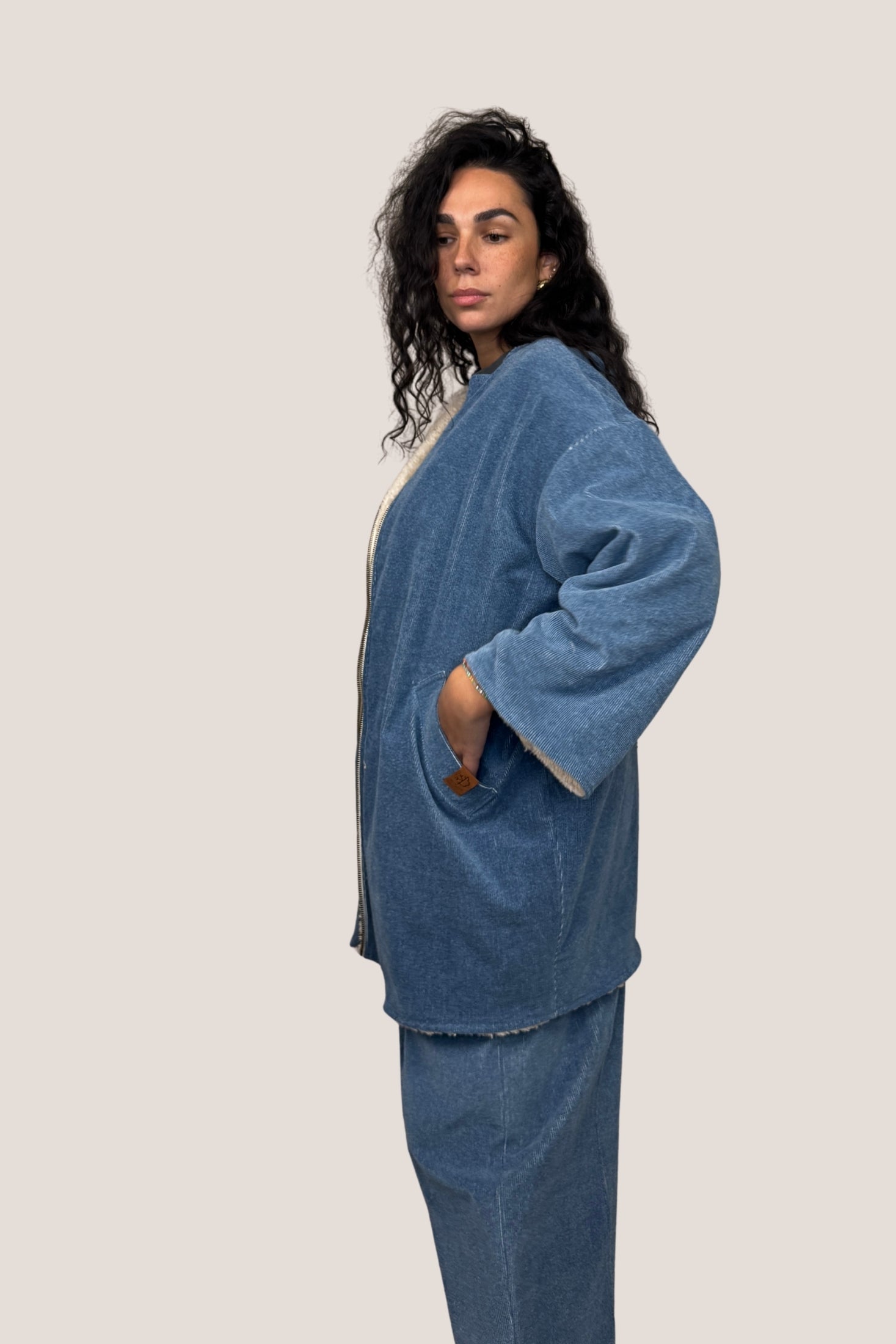 Chaquetón reversible borreguito beige - tejano