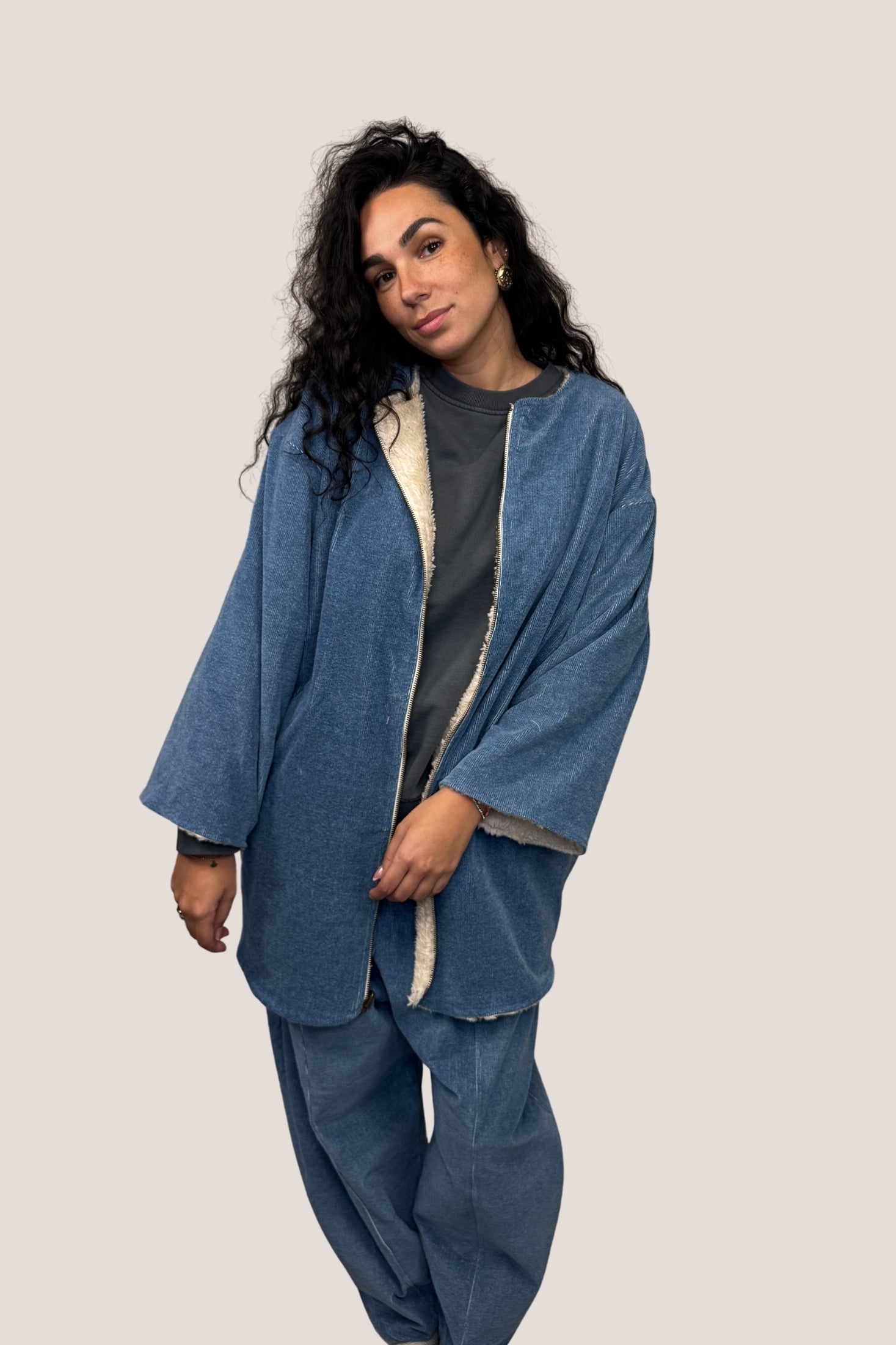 Chaquetón reversible borreguito beige - tejano