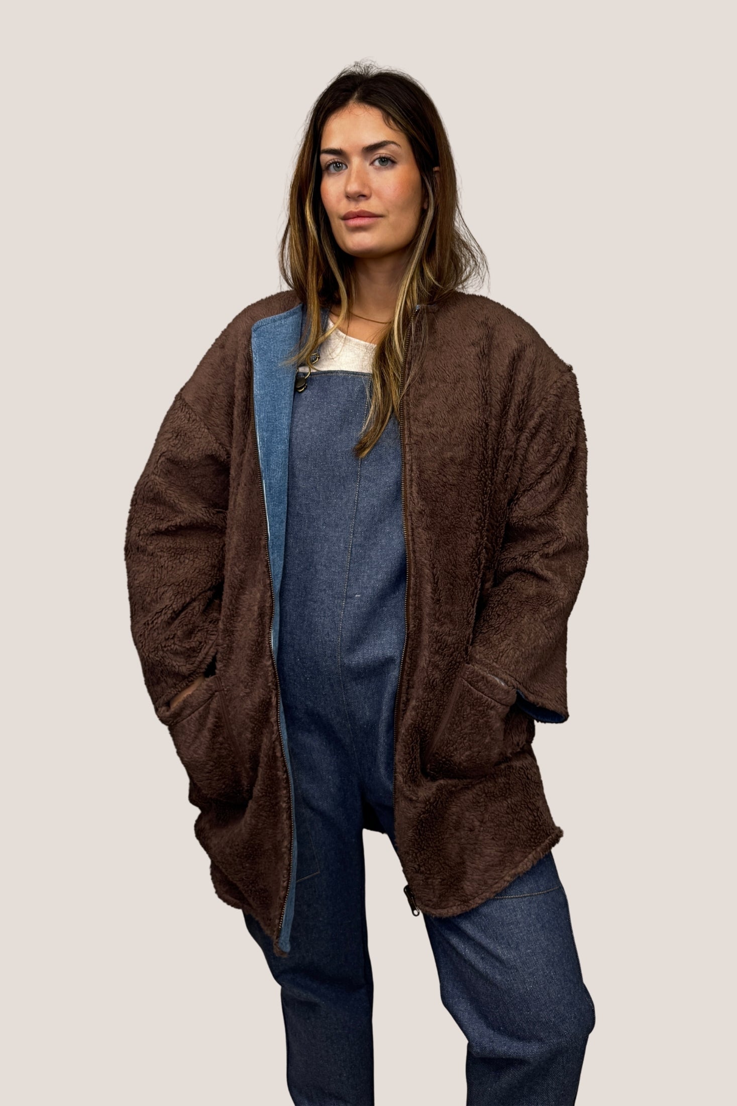 Chaquetón reversible borreguito marrón - tejano