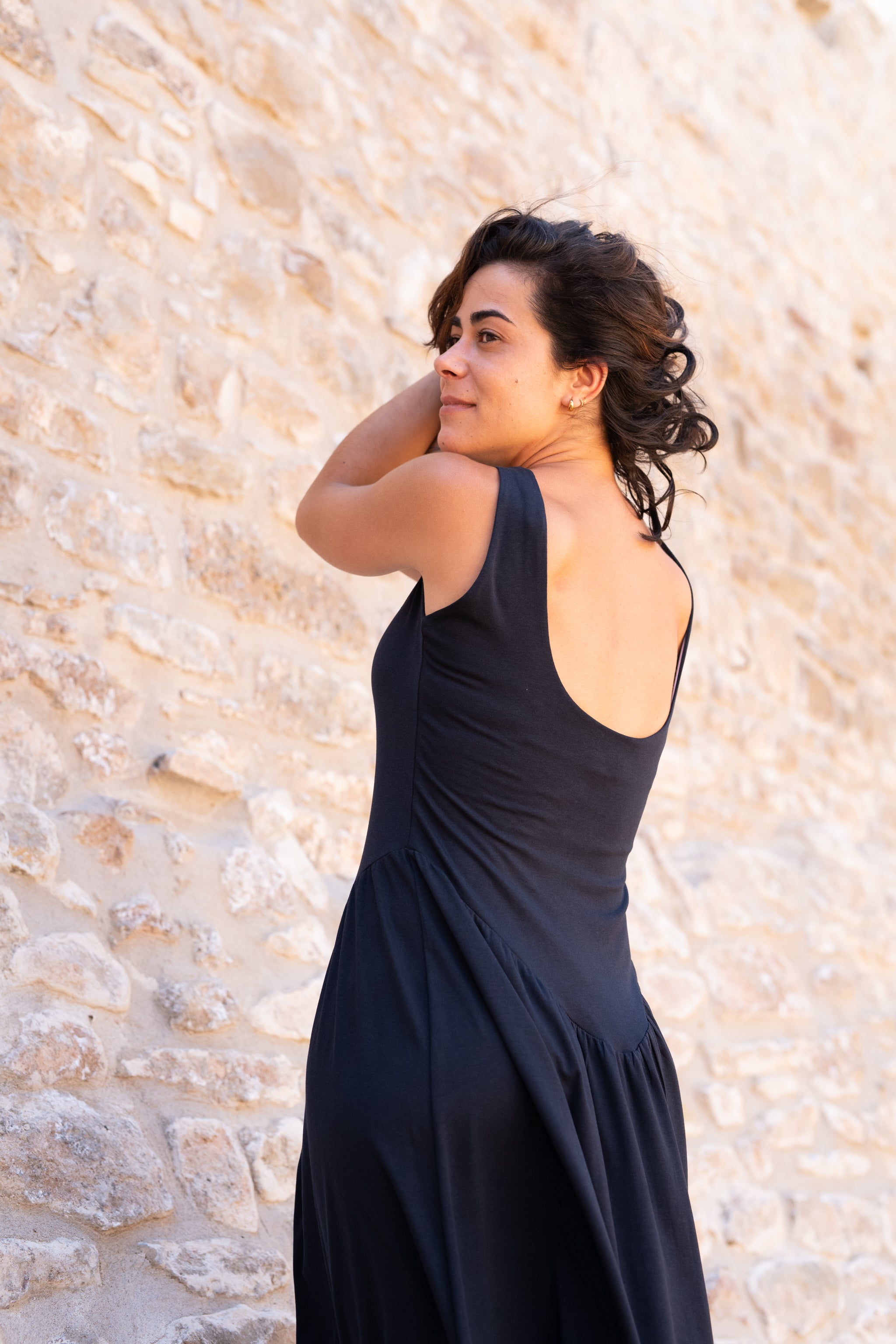 Vestit llarg frunzit blau