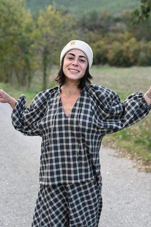 Blusa abullonada cuadros gris