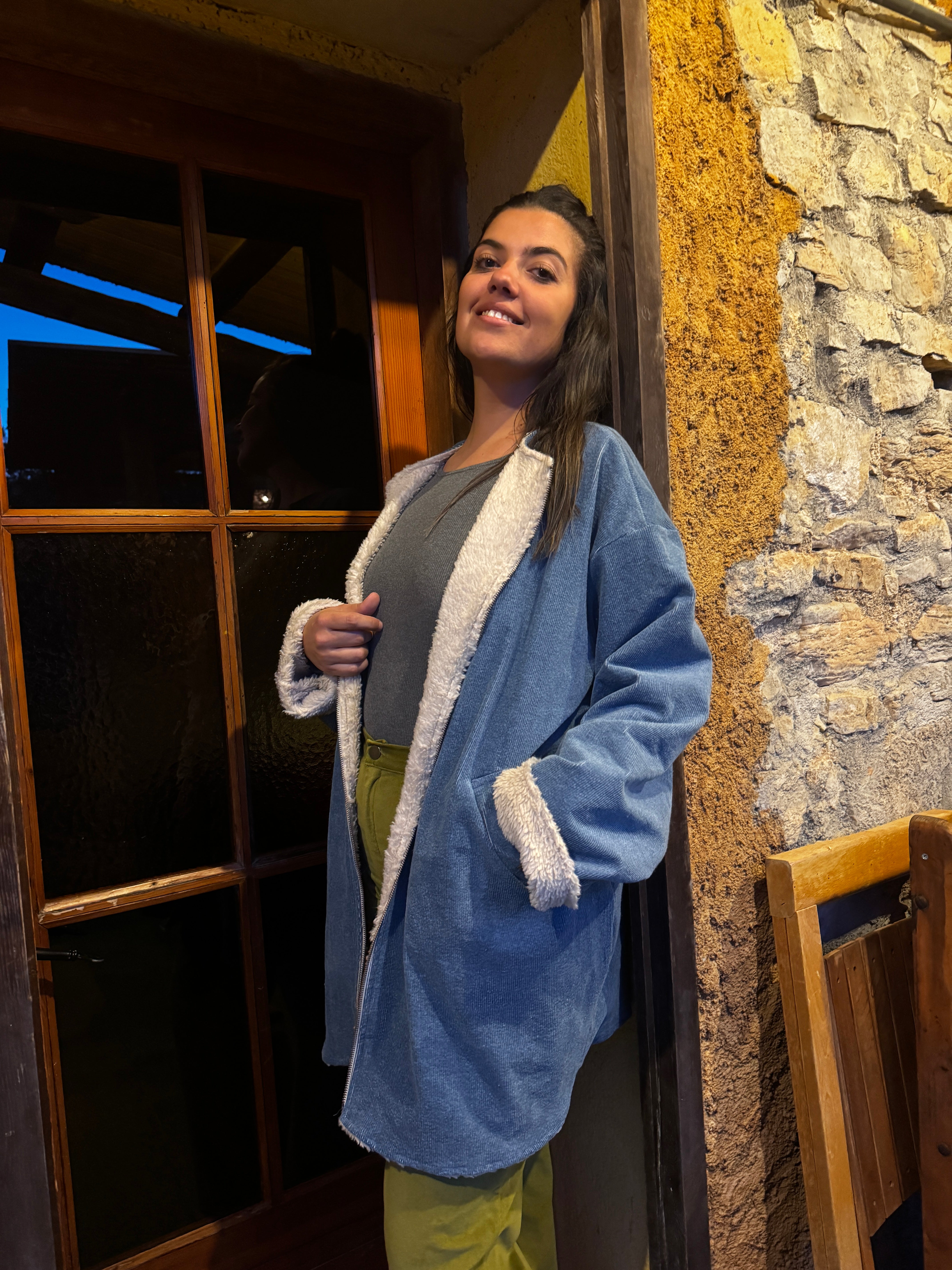 Chaquetón reversible borreguito beige - tejano